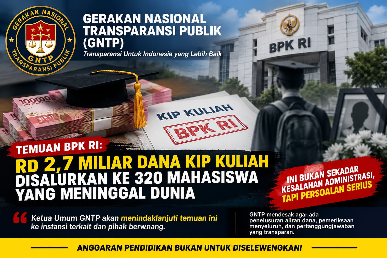 TEMUAN BPK RI: Rp2,7 MILIAR DANA KIP KULIAH TERSALURKAN KEPADA 320 MAHASISWA YANG TELAH MENINGGAL DUNIA, KETUA UMUM GNTP SIAP TEMPUH LANGKAH RESMI